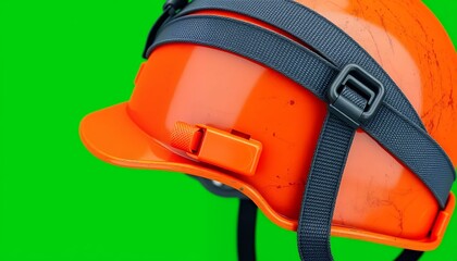Naklejka premium Orange Hard Hat Isolated On Green Screen For Safety Promotion And Construction Mockups On Clean Studio Backdrop, A Symbol Of Labor Protection And High Visibility Gear