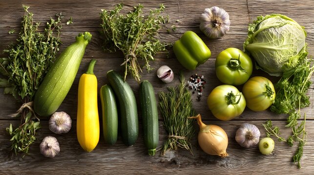 Fresh Italian vegetables and herbs on a wooden table, celebrating natural flavors and rustic simplicity