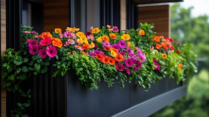 Brightly colored petunias and other flowers adorn a balcony flower box in full bloom.