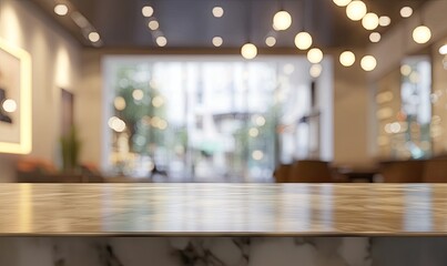 Empty tabletop, blurred cafe, city view