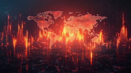 World map overlayed with fiery cityscape visualization