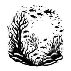 Monochromatic aquatic scene depicting fish swimming around seabed vegetation