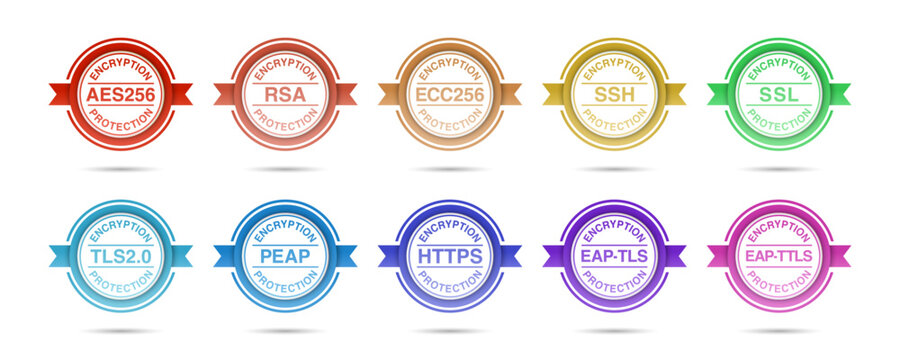 Cybersecurity and Network Security Encryption Badges Set: Colorful AES-256, RSA, ECC-256, SSL, SSH, TLS 2.0, PEAP, HTTPS, EAP-TLS, EAP-TTLS Icons &ndash; Secure Data Protection Vector