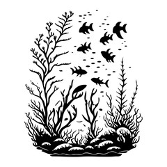 Stylized monochromatic depiction of underwater life showcasing flora and fauna