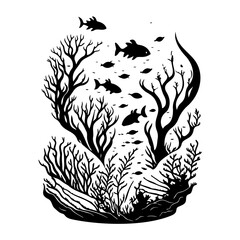 Underwater ecosystem silhouette highlighting a serene aquatic habitat with marine life
