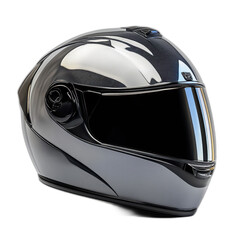 Black and silver helmet for motorcycle racing isolated on transparent background.