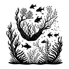 Monochrome Aquatic Depths: Silhouette Fish and Coral Reef Ecosystem Illustration