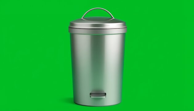 Shiny Stainless Steel Trash Can Isolated on Green Screen Background Studio Shot Perfect for Ads Promotion or Mockup Template