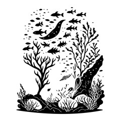 Monochromatic underwater scene with marine life and coral illustrations