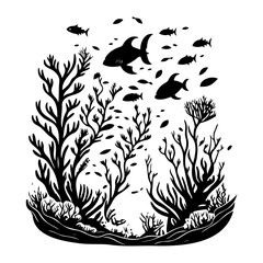 Monochrome underwater world illustration with fish and coral silhouettes
