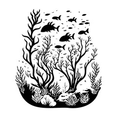 Monochrome Underwater Scene Featuring Coral, Fish, and Aquatic Plants