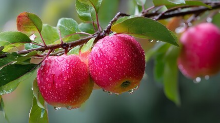 Fresh red apples with water droplets, vibrant against green foliage. Nature's crisp bounty in morning light