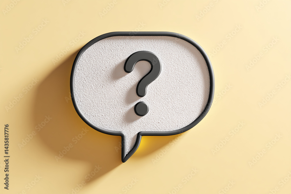 Leinwandbilder 3d render of a speech bubble with a question mark, textured background, pale yellow backdrop, free s