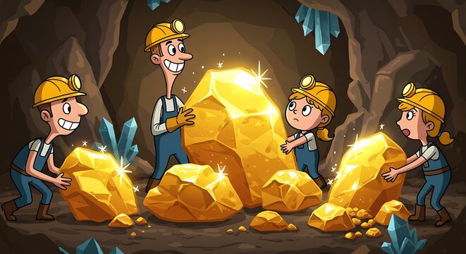 Cartoon miners golden nugget discovery adventure