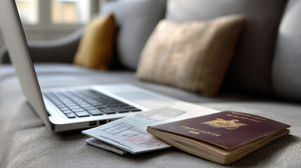 Travel Essentials: Passport, Flight Ticket, and Laptop Setup