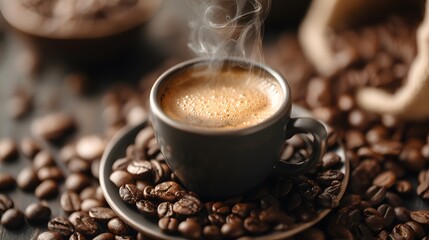 Steaming espresso cup with coffee beans, warm brown tones - the essence of rich coffee moments