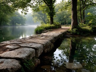 Obraz premium Serene Stone Bridge Tranquil River Reflections
