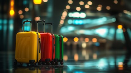 Fototapeta premium Colorful suitcases lined up in modern airport terminal with bright lights and glossy floor reflecting luggage 