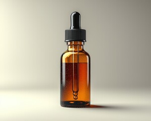 Amber glass dropper bottle filled with liquid, softly lit against a neutral background