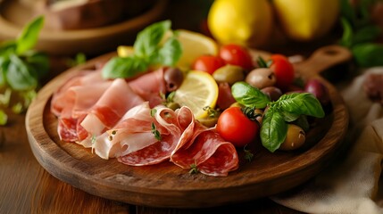 Assorted Italian Meats on Wooden Plate with Fresh Ingredients