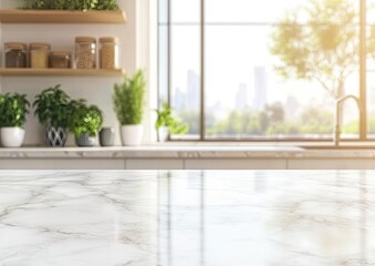 Modern kitchen countertop, sunny city view