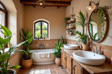 Fototapeta premium Serene Bathroom with Natural Elements, Plants, and Rustic Decor for Relaxation and Wellness