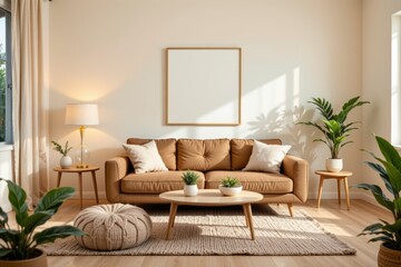 Cozy and Minimalist Living Room with Neutral Tones, Indoor Plants, and Natural Light