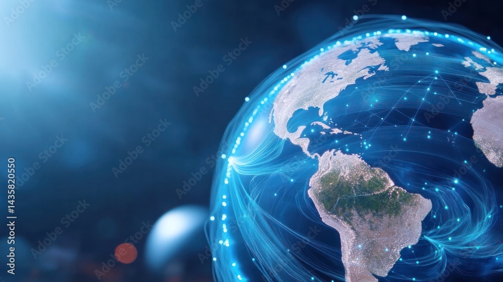 Poster global connectivity: illuminated strands of data weave across a digital rendering of earth, symboliz