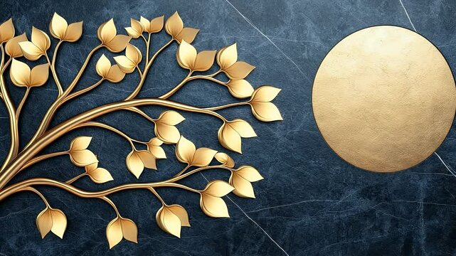 Golden Tree Branches with Leaves and Gold Circle on Dark Marble Background for Elegant Decor
