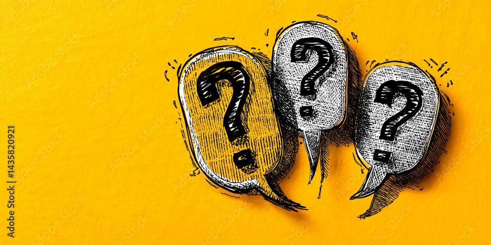 Poster Sketch-style question marks in speech bubbles on yellow background, representing uncertainty, inquiry, or FAQ concept Free space for text