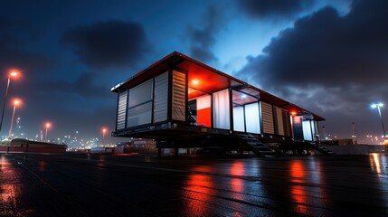 Obraz premium Modern modular container home at night, port city backdrop