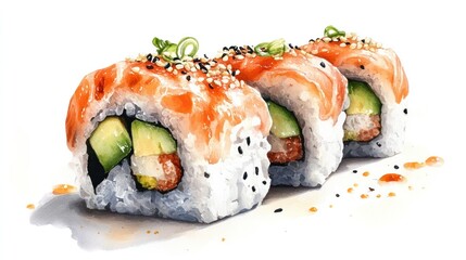 Delicious sushi rolls with fresh avocado cucumber and salmon on white background with soy sauce and sesame seeds close-up food photography