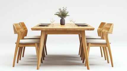 Modern minimalist wooden dining table with four matching chairs, set with minimalist tableware and a central decorative plant in a bright contemporary interior