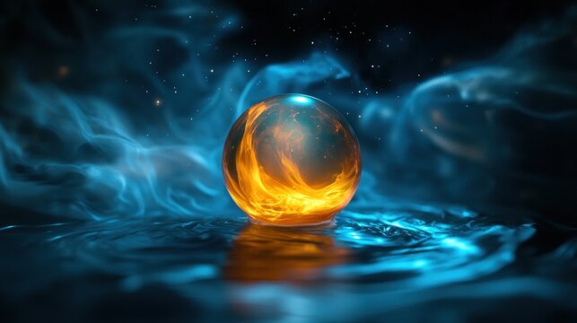 Fiery Orb on Water, Mystical Smoke Background