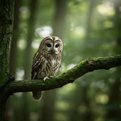 Fototapeta premium A tawny owl perched on a mossy branch in a forest with a blurred green background in daylight