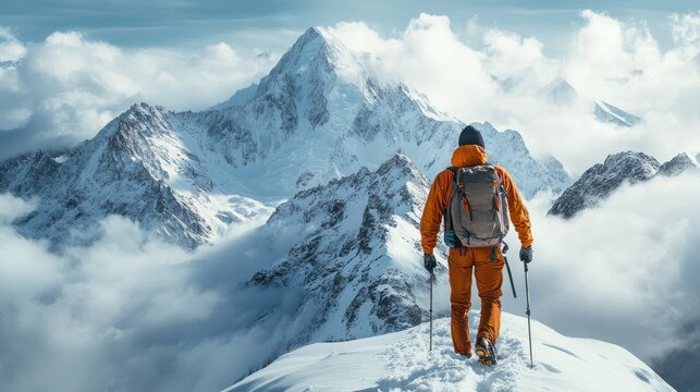 Adventurous mountaineer in bright orange clothing with backpack and trekking poles conque snowy mountain ridge in cloudy sky du daytime - Powered by Adobe