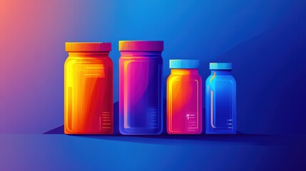 Colorful gradient jars in varying sizes against a vibrant blue background, showcasing modern design