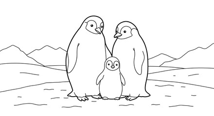 cute penguin in the antartika Outlined colouring page  for kids, black and white with white background