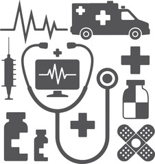 Silhouettes of medical gear stethoscope, syringe, ambulance, cross symbol, pill bottle, medical chart, heart monitor, bandage