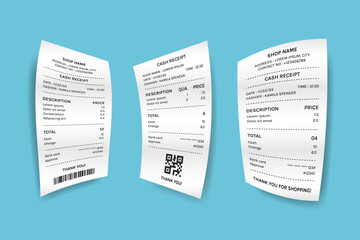Fototapeta premium Set of Realistic Cash Register Sales Receipts. Isolated Printed White Paper for Payment Records