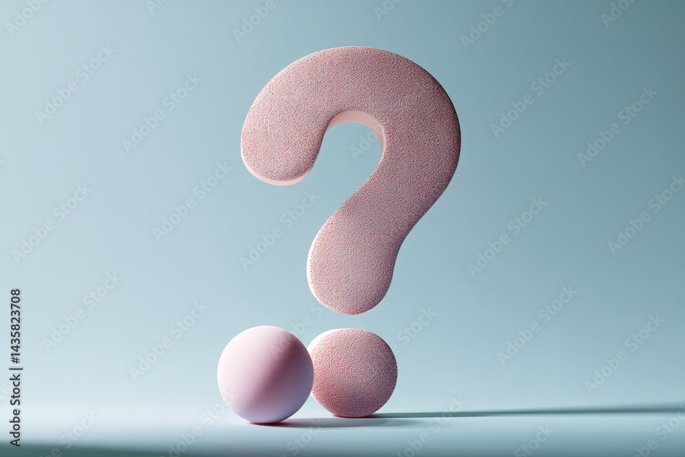 Poster pink textured question mark and sphere on light-blue background, symbolizing inquiry, uncertainty, o