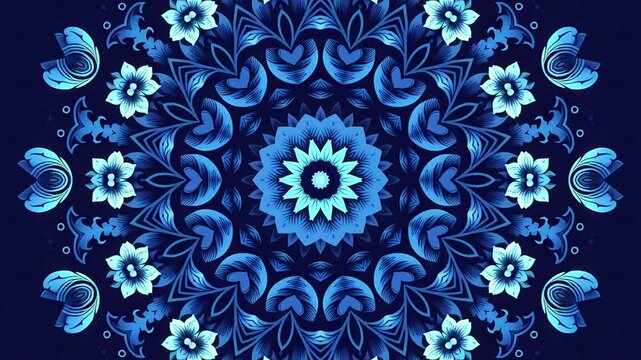 Digital Floral Motion Futuristic Mandala Animation Featuring High-Tech Twisting Symmetry and Vibrant Electric Blue Patterns