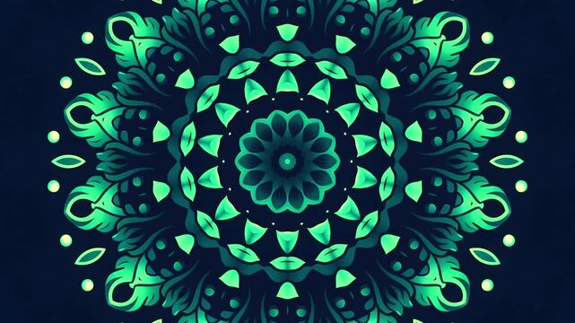 Green Floral Mandala Animation with Abstract Patterns. For artistic and decorative uses. Emphasizes symmetry, natural themes, and harmonious abstract art