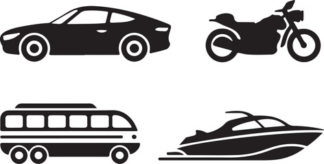 Obraz premium Solid black silhouette icons of vehicles car, motorcycle, airplane, boat, scooter, bicycle, transportation, vehicle icons, travel, transport silhouette