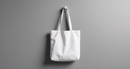 Totebag hanging on monochrome grey wall, clean and symmetrical setup with soft studio lighting. Great for mockup or product branding presentation.