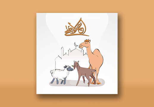 Eid-Ul-Adha Mubarak Editable Social Media Post with Arabic Calligraphy and Illustration Animal Standing in front of Mosque.
