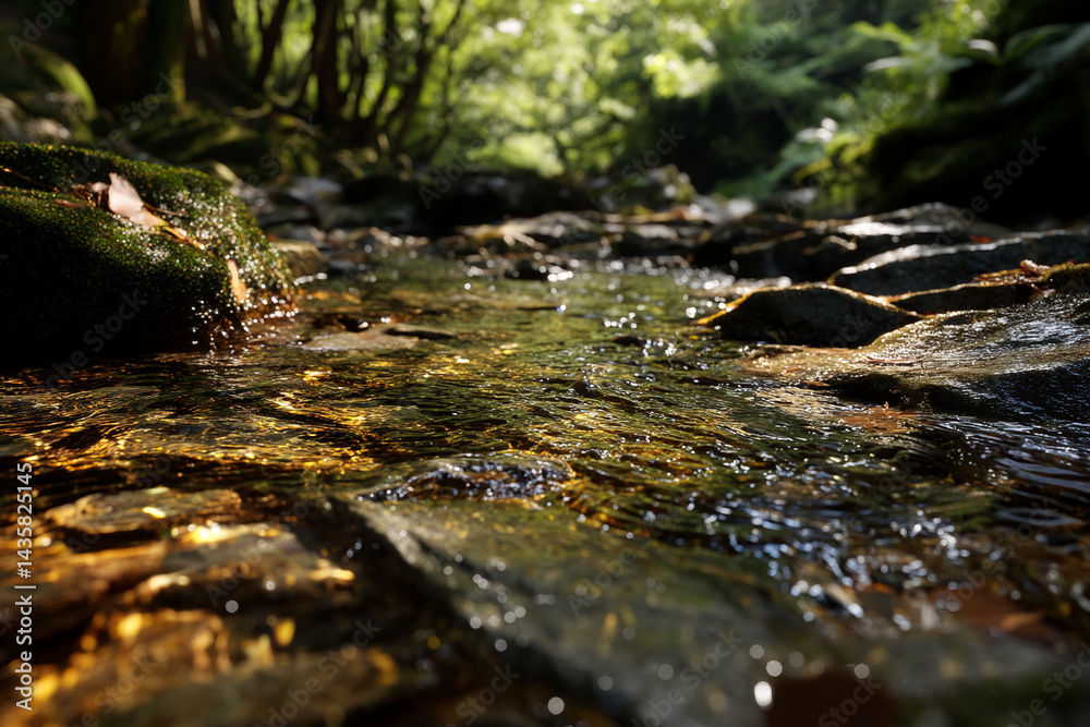 Poster close-up of flowing water over smooth rocks, sunlight reflecting golden hues, creating a tranquil, n