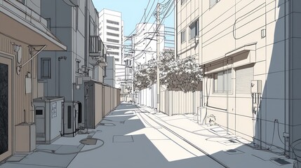 Japanese alleyway, sunny day, urban scene, sketch style