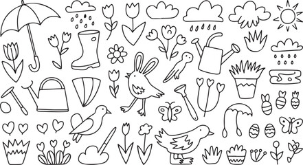 Spring themed doodles umbrella, rain boots, tulips, bunny, bird, sunshine, watering can, clouds, garden tools, eggs, butterflies