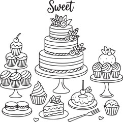 Sweet doodles layered wedding cake, cupcakes, macarons, cookies, dessert table, slice of cake, donut, whipped cream, fork, cake topper